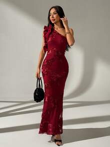 Rafferiza Váy đuôi cá thêu vai bất đối xứng xếp nếp thanh lịch - Đỏ - Xem 6