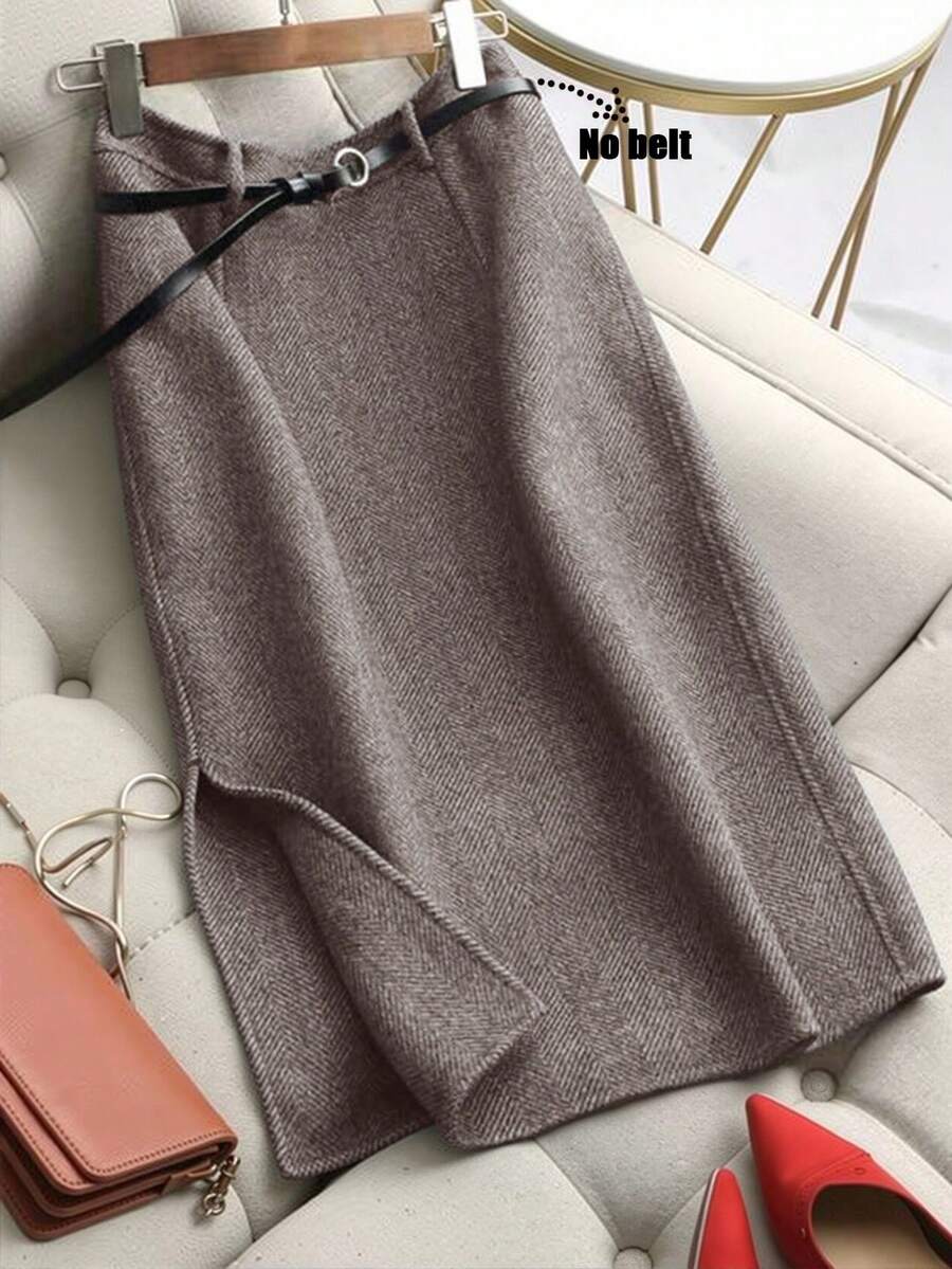 Franclia 女士秋冬人字纹羊毛中长裙，休闲通勤风，高腰开衩设计，厚实面料，宽松显瘦 - 巧克力棕 - 查看 1