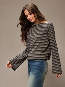 WESTFADE Striped Rib-Knit Envelope Neck Long Bell Sleeve Relaxed Fit Top Winter, Boho, Western Wear, Holiday, Christmas, NYE, New Year, Nashville Cowgirl, Casual, Cute - Multicolor - View 6