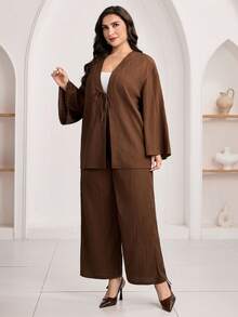 Veilorie 大码女式纯色扭结前襟长袖上衣和阔腿裤优雅阿拉伯套装