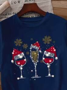 EMERY ROSE Plus Size Cherry Print Short Sleeve T-Shirt, Casual Summer - Blue - View 3