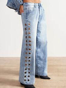 Bohemela Women's Solid Color Metal Grommet Pocket Casual Pants - Blue - View 2