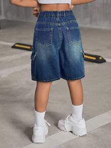 SHEIN Tween Girl Y2K Fashionable Stonewashed High Waist Flap Pocket Baggy Denim Cargo Shorts, Back To School Fall - Dark Wash - View 2