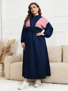 Modelyn Colorblock Drawstring Waist Zip Up Drop Shoulder Longline Dress Maxi Women Outfit - Navy Blue - View 4