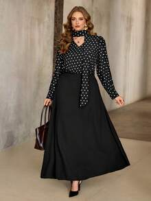 Roveilla 大码波点编织上衣和黑色半裙两件套，秋冬季休闲装 - 黑色 - 查看 7