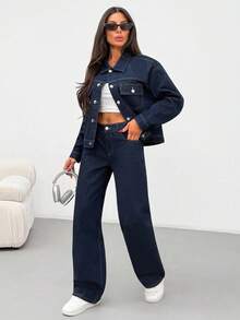 EURMUSE Plus Single-Breasted Regular Fit Casual Style Button Front Dark Blue Raw Wash Jacket & Jean Two Pieces Denim Set - Dark Wash - View 5
