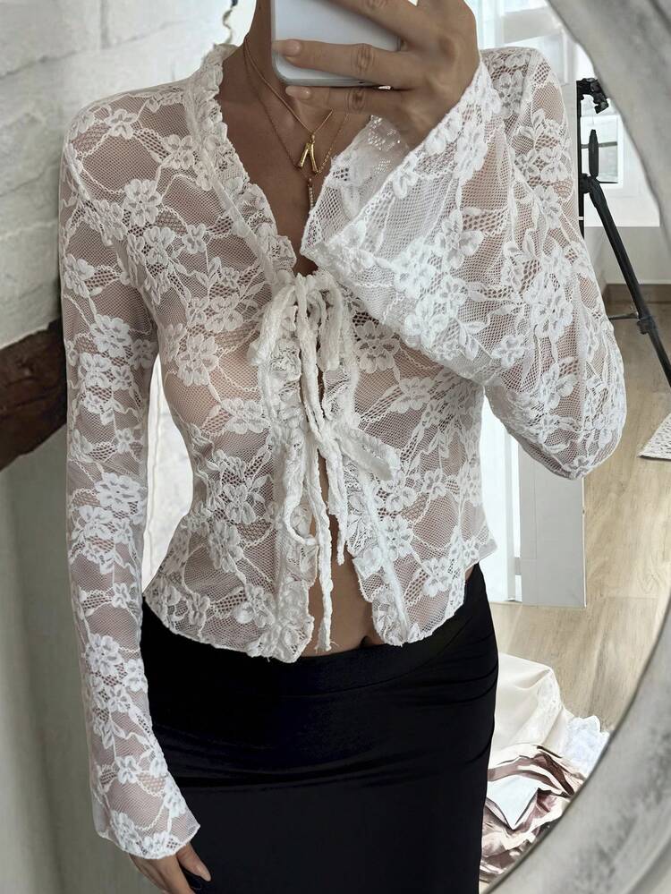 Lace Trim Tie-Up Drawstring Cardigan Top, Hollow Out, Elegant For New Year, Christmas, Wedding, Party, Fashion Sheer Mesh Short Tee Shirt For Women, Suitable For Spring, Summer, Autumn Vacation Y2k