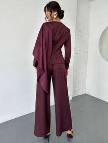 Firerie Women's Elegant Commuter Sophisticated Outgoing Fashion New Year Holiday Satin Scarf Shawl Collar Waist Long Sleeve Blazer And High Waist Pants Burgundy Suit Two Pieces Set