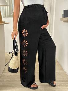 SHEIN Adjustable Waist Hollow Out Fashionable Versatile Wide Leg Pants For Pregnant Women Wide Leg Pants Set Two Piece Set Women Comfy 2 Piece Pants Set Women Pants Set Palazzo Pants Women,Maternity Clothes Flowy Pants Maternity Pants - Black - View 4