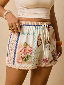 Travachic Plus Size Women's Fruit & Floral Print Elastic Waist Shorts,Beige Boho Summer Beach Holiday Early Spring Printed Comfy Resort Wear Vacations - Multicolor - View 4