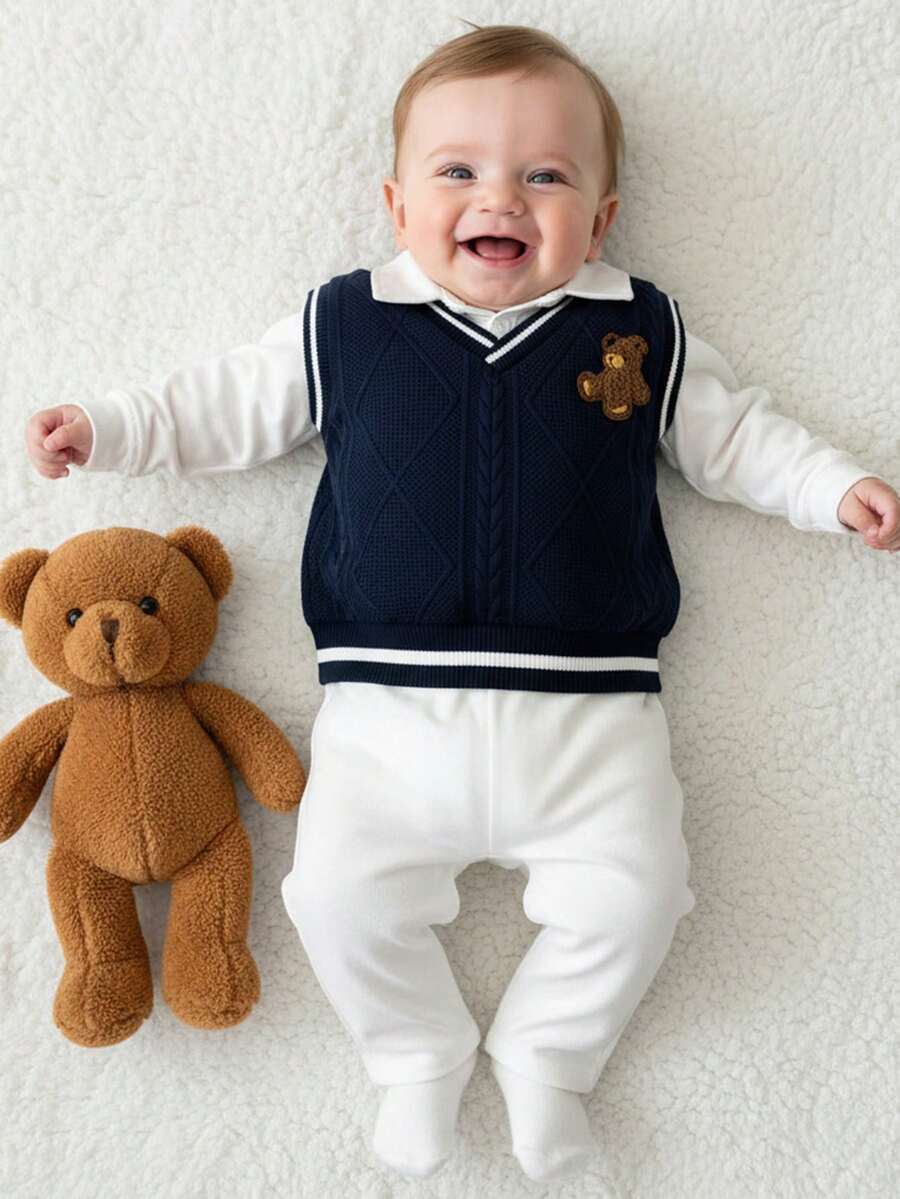 Souflis Souflis 2pcs Set Navy French Retro Long Sleeve 2 In 1 Collared Top & Casual Pants, Suitable For School, Outing, Party, Toddler Boys Outfit, Autumn/Winter - Multicolor - View 1