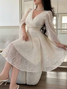 Feyla Women's Elegant Overlap Collar Split Sleeve Waist Cinched Dress, Autumn - Apricot - View 5