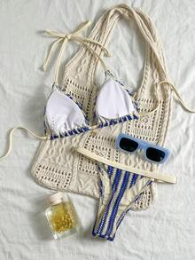 Swim Mod 女士撞色网纱吊带三角上衣和可调节侧系带三角下装比基尼两件套泳衣 - 彩色 - 查看 7
