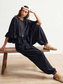 Bohemela 波西米亚风冬季圣诞节新年情人节音乐节休闲黑色针织圆领荷叶袖宽松T恤和阔腿宽松裤两件套女装 - 黑色 - 查看 4