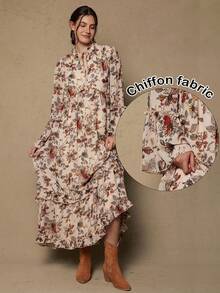 SHEIN VCAY Vestido Plus Size Feminino Estampado Floral com Amarração no Decote - Caqui - Ver 9