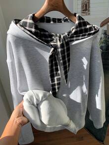 Comfortcana Women's Casual Commuting School Style Patchwork Plaid Knot Collar Zip-Up Hooded Fleece Sweatshirt, Warm For Autumn/Winter - Grey - View 7