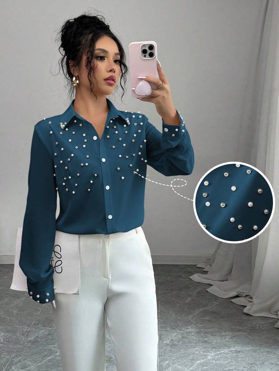 Elenzga Women's Rhinestone & Faux Pearl Decor Long Sleeve Blouse, Suitable For Commuting In Autumn - Blue - View 1