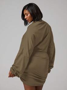 MUSERA Vestido mini ajustado con cuello de embudo, manga larga y fruncido, para salir, fiestas, vacaciones y verano, talla grande - Caqui - Ver 4