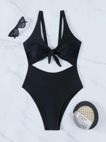 Swim Vcay 2026款黑色优雅无袖纯色高腰可调节肩带连体泳衣，春夏款 - 黑色 - 查看 3