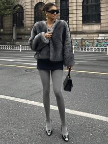 DAZY Sheer Black Tights, Leg Slimming Effect, Thermal Lined, Opaque Look, Thick Footless Tights For Autumn/Winter - Grey - View 2