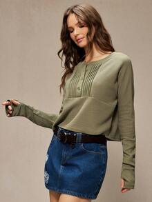 WESTFADE 圆领长袖华夫格针织衫，纽扣前襟，拇指孔袖口，褶裥宽松上衣，适合冬季、波西米亚风、西部风、假日、圣诞节、新年、纳什维尔牛仔风、休闲、可爱风格。 - 橄欖綠 - 查看 3