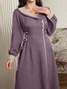 Modelyn 大码优雅撞色滚边抽绳腰中长连衣裙，秋季 - 紫色 - 查看 4