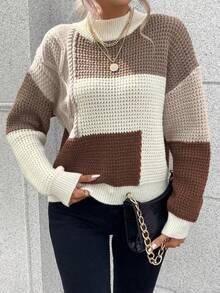 EMERY ROSE Women's Contrast Color Drop Shoulder Long Sleeve Casual Loose Pullover Sweater, Autumn/Winter - Multicolor - View 6