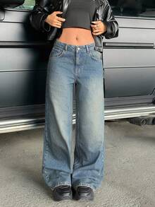 CasuGlow 低腰 Y2K 斜口袋洗水阔腿牛仔裤