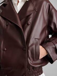 Ontre 2025新款秋冬女式外套，宽松版型，纯色酒红色，商务休闲，通勤，日常穿着，适合万圣节、圣诞节、情人节、感恩节、婚礼宾客等场合，长袖，办公穿着，带口袋，PU皮革材质，舒适，简约，优雅，都市时尚，超大翻领，百搭女式外套 - 酒紅色 - 查看 6