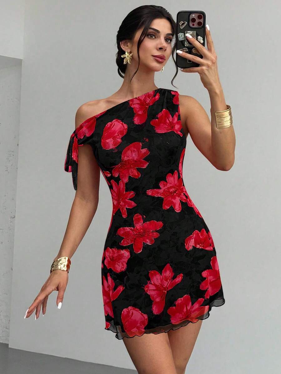 Firerie 女士夏季新款碎花不对称露肩性感优雅度假迷你连衣裙，网纱碎花连衣裙，不对称领口连衣裙，春夏服装，沙滩装，优雅，性感，度假，海滩，夏威夷，约会，派对，音乐节，毕业礼服，舞会礼服 - 黑色 - 查看 1