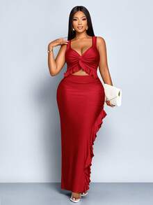 SOLERSUN Große Größen Frauen Rüschen Saum einfarbiges ärmelloses Bodycon Kleid, Hühnerhalslinie, verdrehte Brust, Rüschen Kanten, ausgehöhlter Vorderleib, hoher Schlitz Saum, Rüschen Kanten, Slim Fit, Taillierung, sexy langes Kleid, Maxikleid, rotes Kleid, Abschlusskleid, Weihnachten, Neujahr - Bordeaux - Übersicht 3