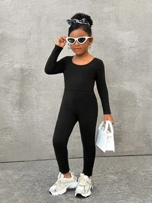 Mono básico de deporte casual de cuello redondo para niña joven - Negro - Ver 3