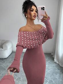 Rafferiza Váy len dài tay co giãn, thắt nơ màu trơn trễ vai cho nữ, Váy len lệch vai ve lớn đính ngọc trai thanh lịch kiểu Pháp, Váy maxi dệt kim thu/đông, Váy len trở lại trường, Lễ hội âm nhạc, Giáng sinh, Váy tiên, Váy dự tiệc cưới mùa thu - Bụi hồng - Xem 6