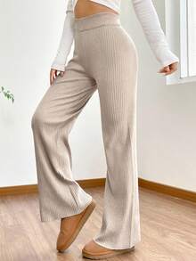 SHEIN EZwear High Waist Flare Leg Khaki Knit Pants In Fall/Winter - Apricot - View 4