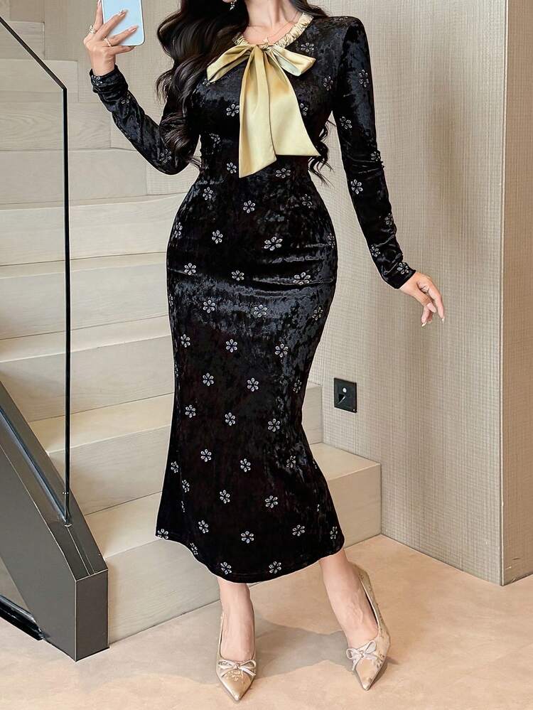 Elegant Black Velvet Floral Print Rhinestone Sequin Dress, Suitable For New Year, Christmas, Wedding, Party, Prom, Valentine's Day, With Contrast Color Ribbon Trim, Fitted Midi Dress, Suitable For Autumn, Spring, Winter