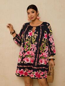 Travachic 大码女式黑米色复古印花连衣裙，七分袖复古印花连衣裙，秋季连衣裙，大码碎花连衣裙，波西米亚风连衣裙，大码束腰连衣裙，刺绣连衣裙，大码休闲连衣裙，碎花连衣裙，黑色连衣裙，情人节女装 - 黑色 - 查看 6