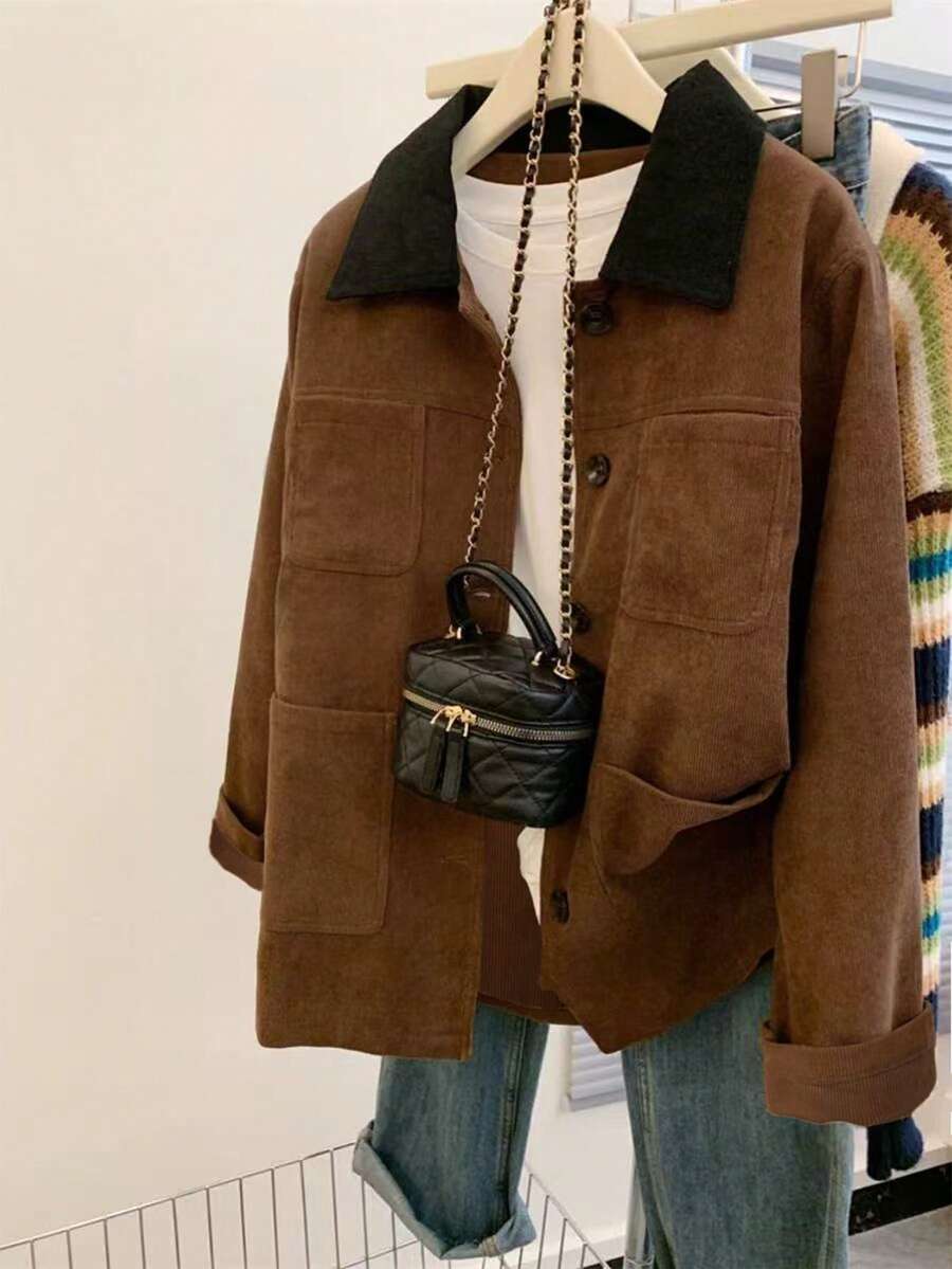 INAWLY Plus Size Women Vintage Casual Patch Pocket Front Button Splice Collar Jacket, Autumn Fall - Brown - View 1