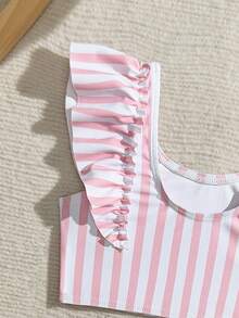 女童吊带泳衣套装，条纹针织比基尼上衣和下装，饰有可爱荷叶边，粉色，休闲可爱，两件套，适合游泳、度假和夏季穿着