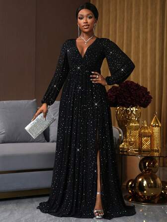 SHEIN Ladiora Women's Black Foil Polka Dot Deep V Mesh Long Sleeve Split Dress