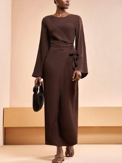 Zivah 2026 Spring/Summer New Arrival Valentine's Day, Music Festival, Easter, Western, Nomadic, Bohemian, Nashville Style Dress For Party, Wedding, Evening, Date, Gathering, Birthday, College, Student, Daily Wear, Basic Versatile, Casual, Vacation, Cruise Travel, Beach, Sunbathing, Trending, Elegant, Commute, Business Casual Flare Long Sleeve Dress With Front Tie Strap, Loose Straight Long Maxi Dress, Spring/Summer Dress, Dark Brown Dress, Casual Dress, Vacation Dress, Women Dress