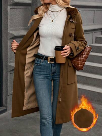 Chaqueta de abrigo vegetariana de moda para mujeres - capucha de piel diseñada para mantenerse caliente y cómoda, detalles de hebilla, adecuada para desplazamientos de invierno, ropa de oficina, salidas de fin de semana, artículos de moda necesarios