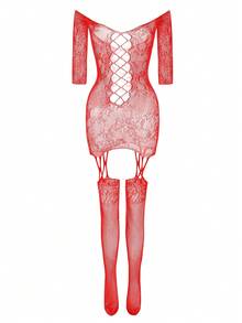 SHEIN 1件性感高弹半透明印花连体紧身衣，适合派对、晚宴、夜店等场合，大码可选 - 紅色 - 查看 1