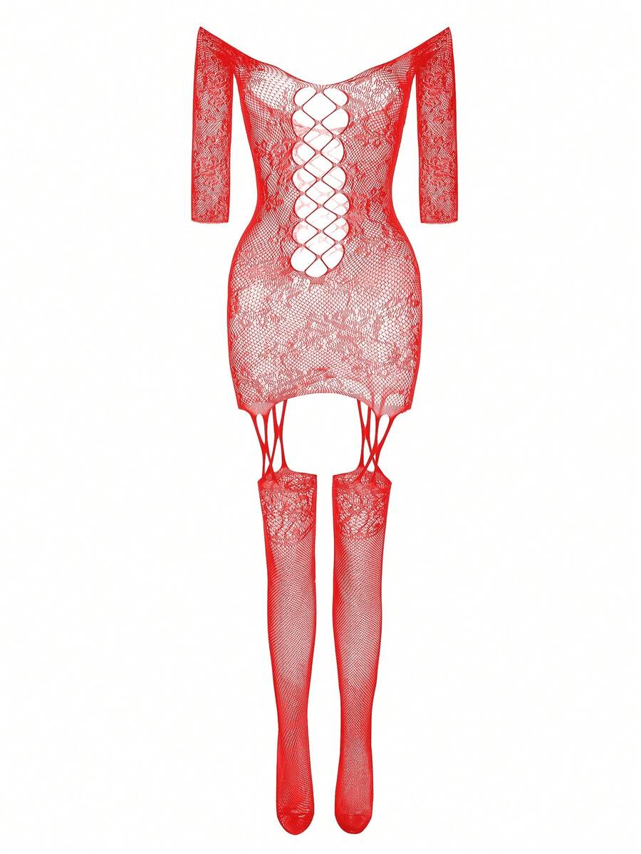 SHEIN 1件性感高弹半透明印花连体紧身衣，适合派对、晚宴、夜店等场合，大码可选 - 紅色 - 查看 1