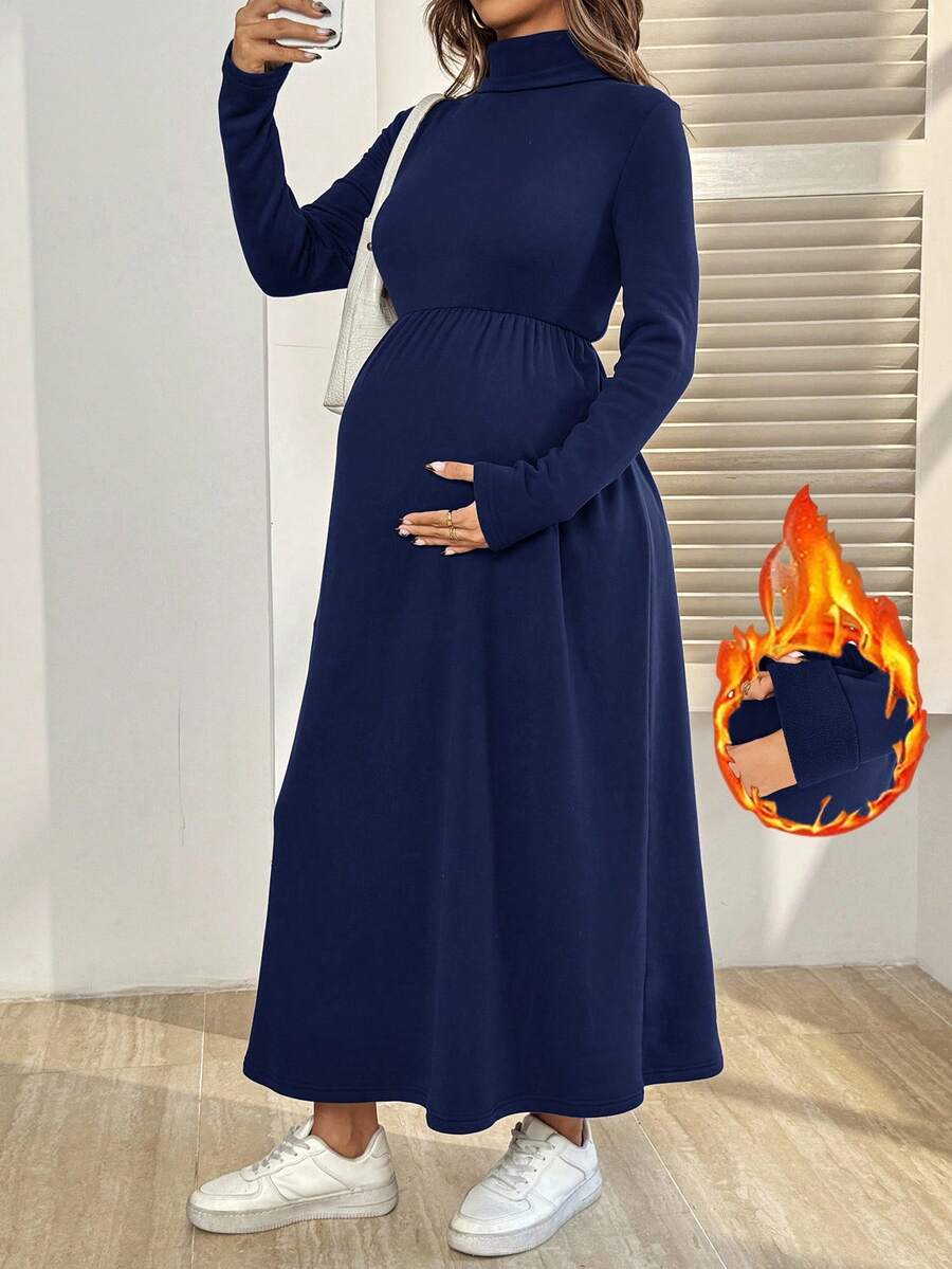 SHEIN 孕妇纯色高领长袖连衣裙,秋冬季保暖 - 藏蓝色 - 查看 1