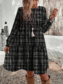 EMERY ROSE 女士休闲复古羊毛印花优雅中长连衣裙，大码可选，适合新年、除夕夜穿着，黑色 - 彩色 - 查看 4