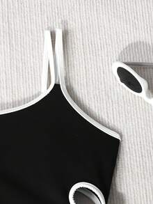 SHEIN Tween Girls' Sexy Beach Vacation Contrast Piping Hollow Out One-Piece Swimsuit - Black and White - View 3