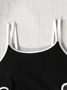 SHEIN Tween Girls' Sexy Beach Vacation Contrast Piping Hollow Out One-Piece Swimsuit - Black and White - View 7