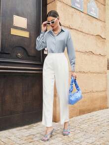 Modelyn Áo sơ mi dài tay màu đỏ Burgundy dành cho nữ - Màu xanh nhạt - Xem 4