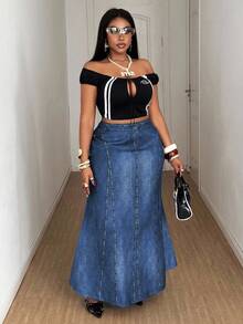 Maweii 大码秋冬牛仔印花优雅复古休闲可爱度假半身裙 - 藍色 - 查看 5