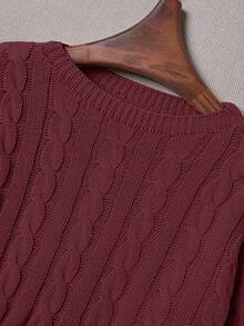 Franclia Rose Red Cable Knit Pullover Sweater Women's Casual Crop Top Long Sleeve Drop Shoulder Rib-Knit Round Neck - Rose Red - View 3